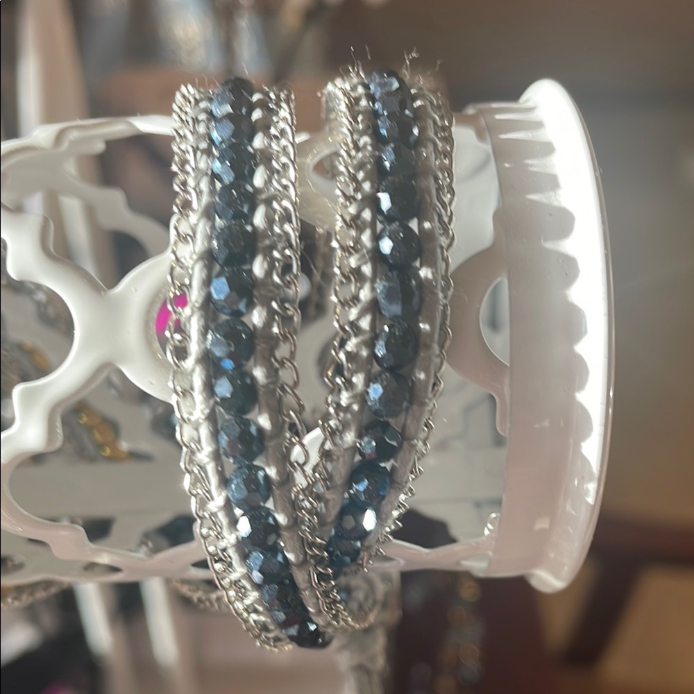 Silver and Blue Multi-Strand Beaded Bracelet